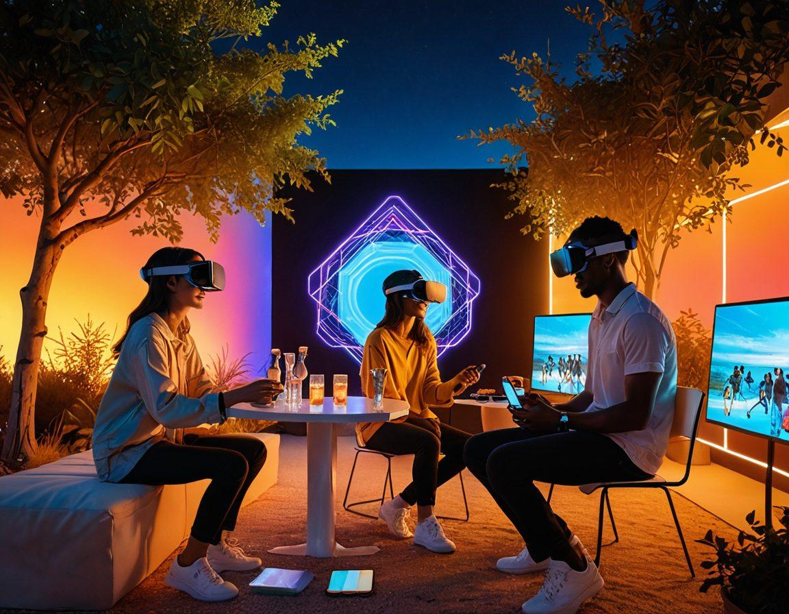 A split scene depicting a digital world on one side, featuring couples interacting through screens and virtual reality headsets, and a warm, inviting real-world setting on the other side with couples enjoying outdoor activities together, symbolizing the blend of technology and personal connection. Soft glowing light transitions the digital vibe into the warmth of real-life interaction. super-realistic. vibrant colors. warm tones.