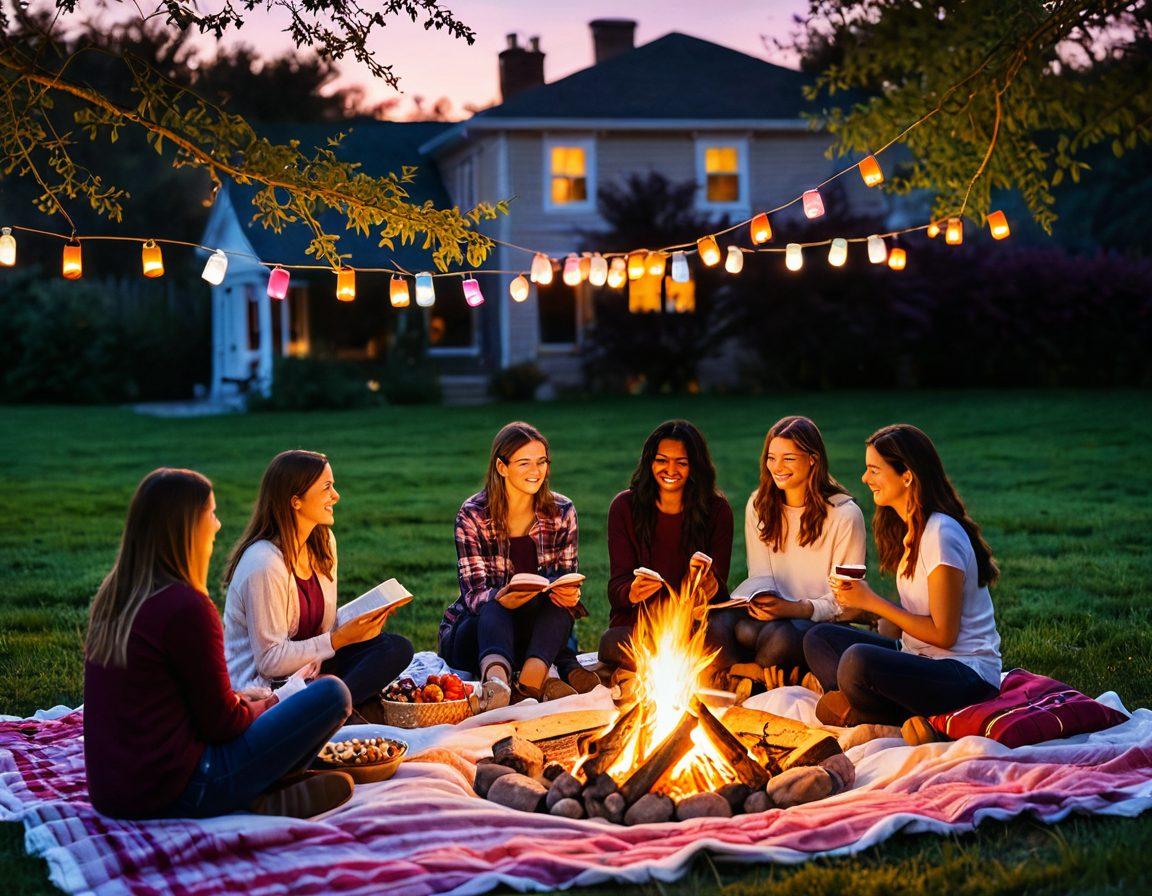 A warm and inviting scene depicting diverse friends gathered in a cozy outdoor space, sharing laughter and stories around a bonfire. Incorporate elements like colorful lanterns hanging from trees, a picnic setup with books and snacks, and a backdrop of a sunset sky to symbolize connection and support. Emphasize the joy of friendship and community through expressions and interactions. vibrant colors. soft focus. painterly style.
